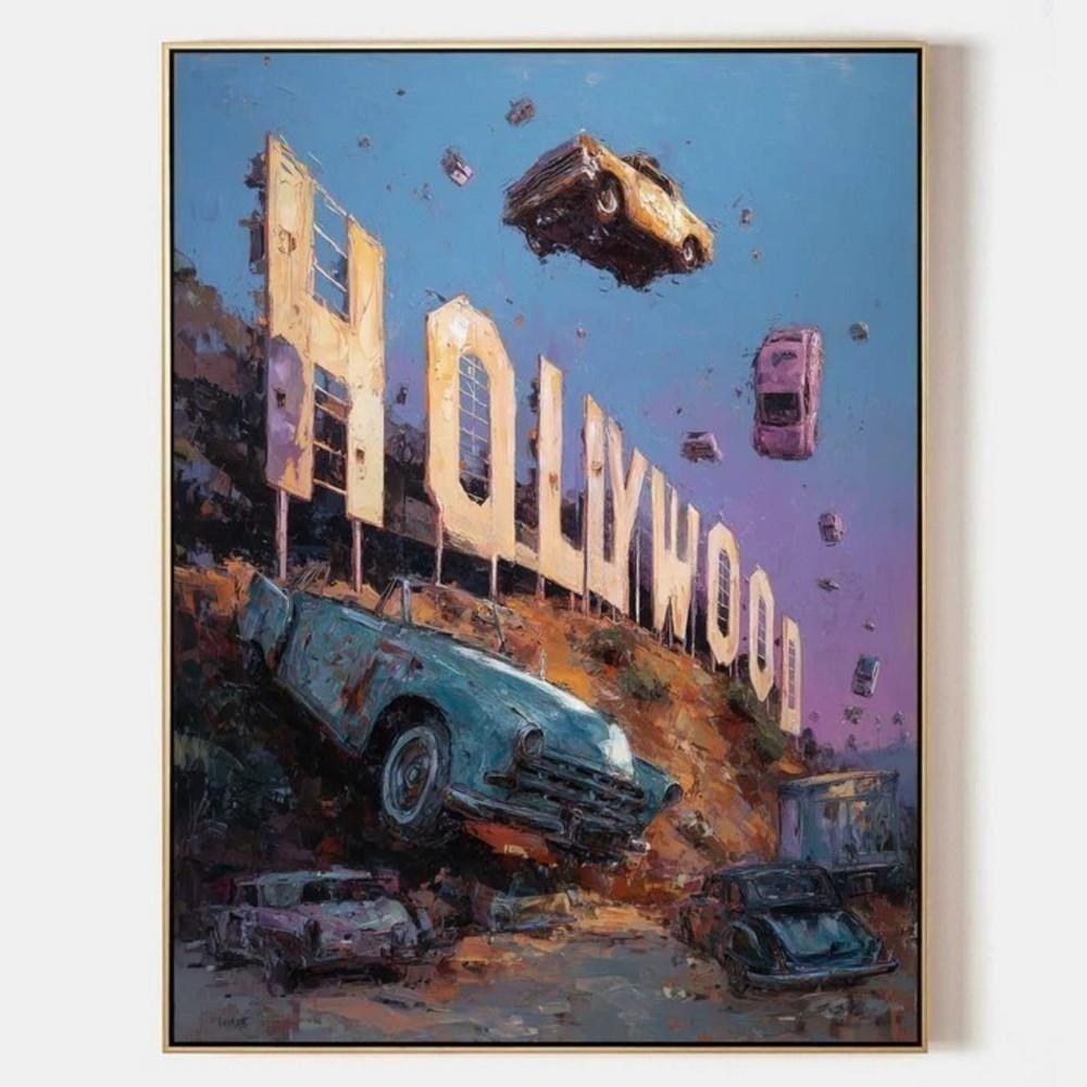 Hollywood Fallout Surreal Urban Canvas Painting: Hollywood Fallout Surreal Urban Canvas Painting Immerse yourself in a bold, cinematic reimagining of the Hollywood Hills with “Hollywood Fallout,” a surreal urban canvas painting where gravity