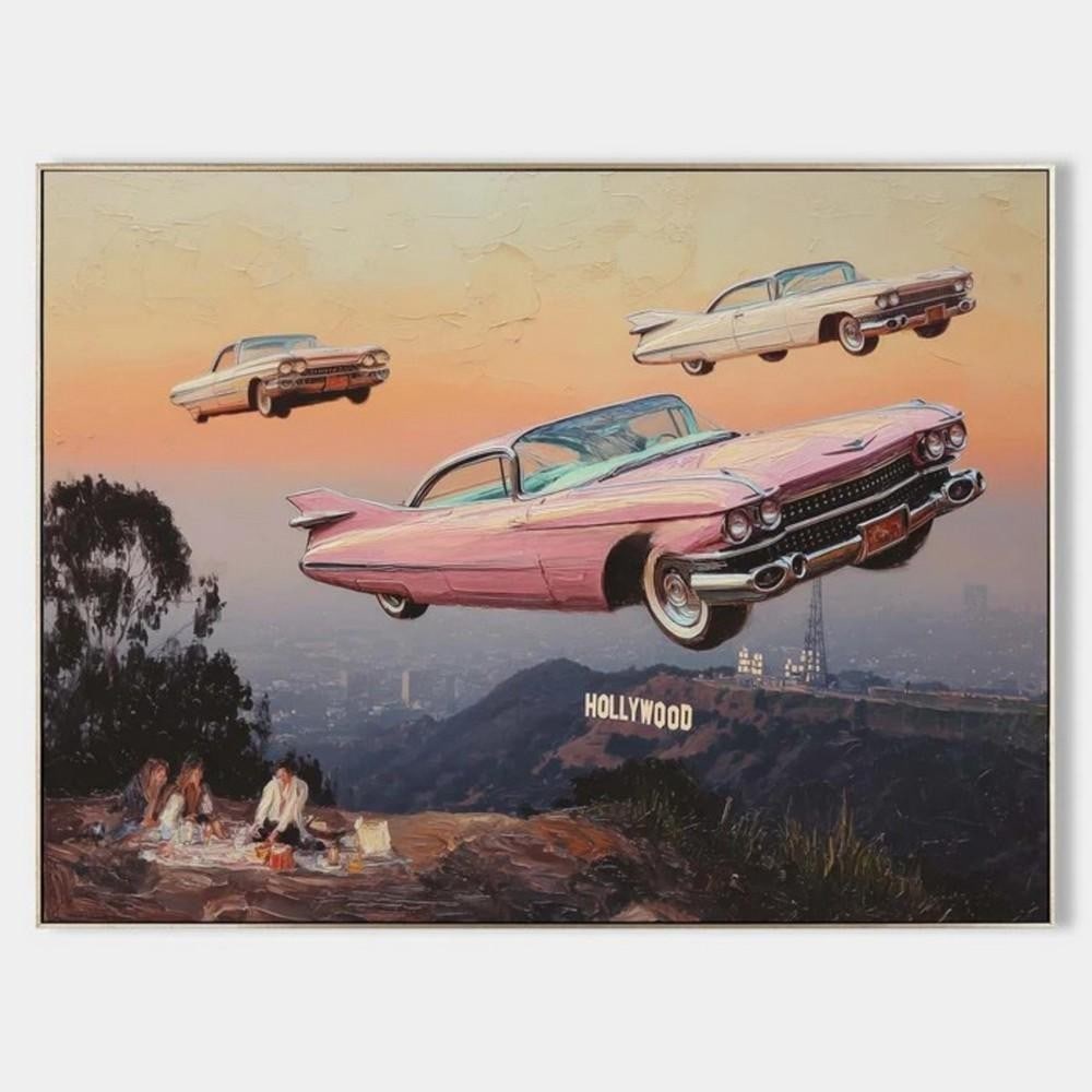 Hollywood Drift Surreal Americana Canvas Painting: Hollywood Drift Surreal Americana Canvas Painting Step into a dreamlike vision of mid-century nostalgia with “Hollywood Drift,” a surreal Americana canvas painting that reimagines classic tail