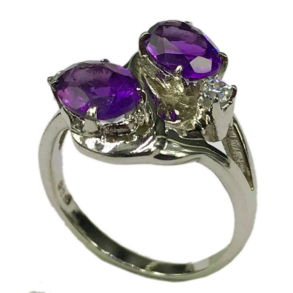 925 Sterling Silver Ring with Double Amethyst Gemstones and Austrian Crystals (1 of 4)