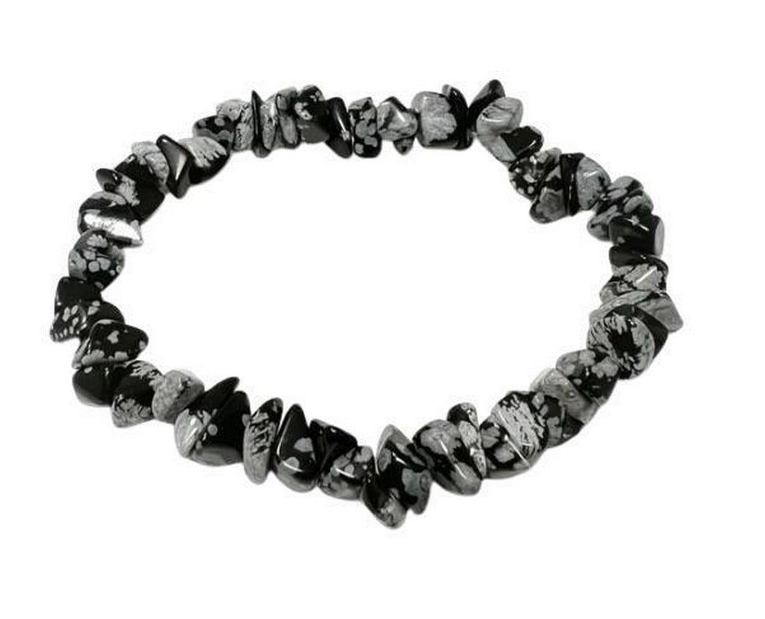 Snowflake Obsidian Chip Bead Bracelet: Snowflake Obsidian Chip Bead Bracelet Obsidian is a form of volcanic glass, it has been used as glass by ancient cultures. Some call it smoky tears or Apache Tears, as it is said to resemble a
