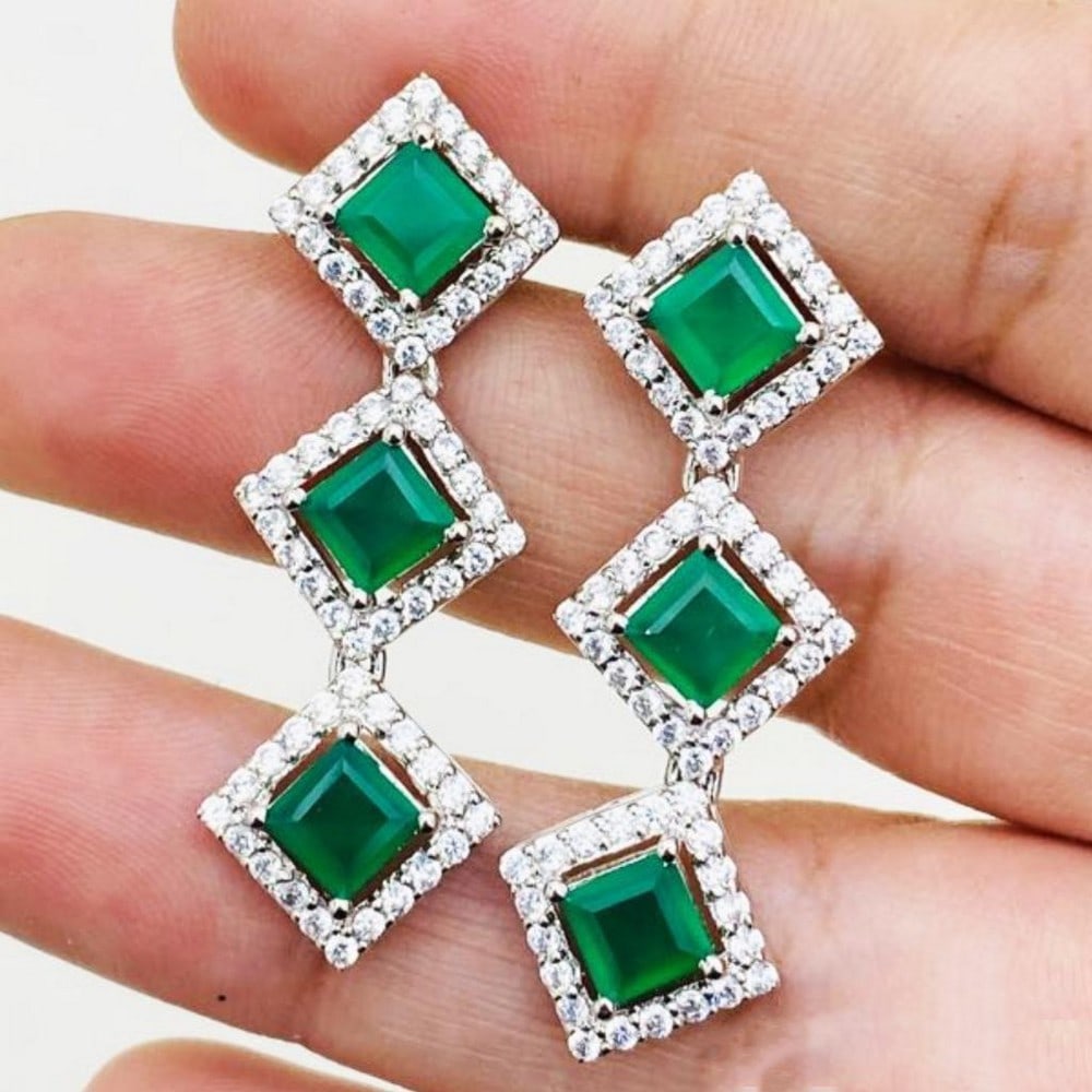 Square Green Onyx Zirconia Studded Earrings: Square Green Onyx Zirconia Studded Earrings View Photos For Further Details.