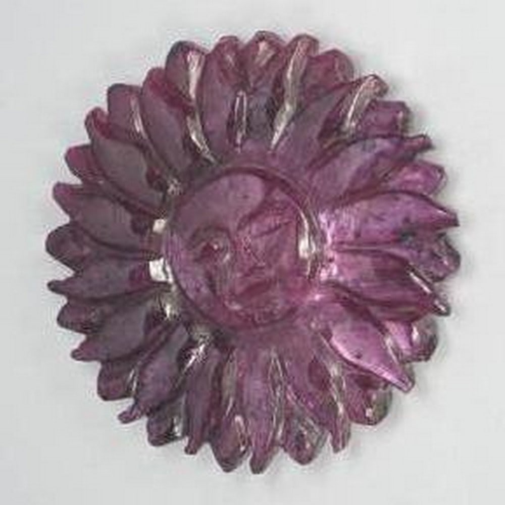 41ct Carved Boysenberry Purple Ruby Sun Face: 41ct Carved Boysenberry Purple Ruby Sun Face Raw Dimension: 32 x 32 x 3mm Total Carat Weight: 41.80ct Treated: Yes. Heat treatment has been used to enhance the carving's natural hue. Please