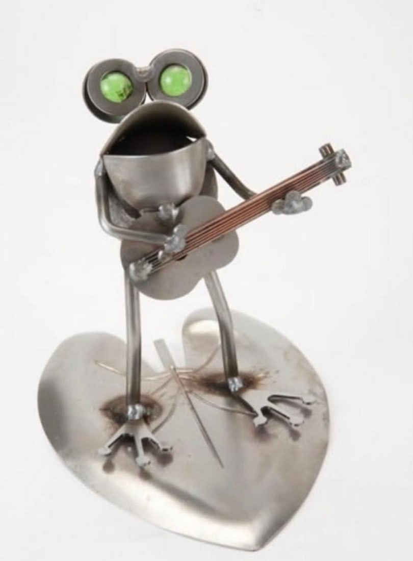 Frog Playing Guitar Metal Sculpture: Frog Playing Guitar Metal Sculpture These hand-crafted sculptures will rust to a beautiful, natural finish over time and look right at home indoors or outdoors in your yard or garden. Size: