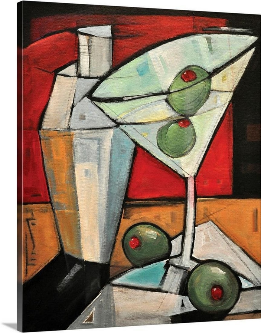 Martini Canvas Reproduction by Tim Nyberg: Martini Canvas Reproduction by Tim Nyberg Large cubist-style painting of a martini glass with two olives inside, two olives at the base, and a cocktail shaker positioned behind. A bold contemporary w