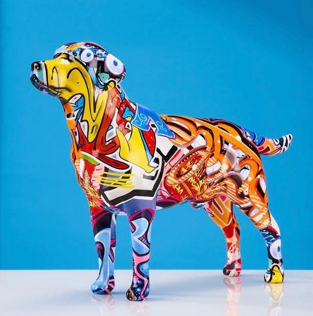 11" - Concrete Contemporary Designed Labrador Retriever Graffiti Statue: 11" - Concrete Contemporary Designed Labrador Retriever Graffiti Statue This is for all the parents who love their fur babies. This cute, unique and colorful Nordic painted Labrador Retriever