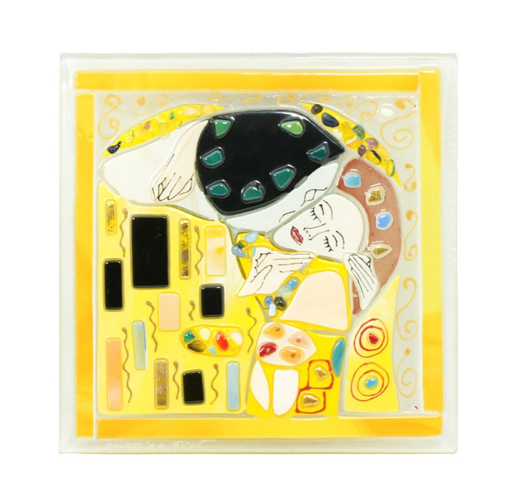 The Kiss – Canvas Artwork in Glass Paint and Mosaic: The Kiss – Canvas Artwork in Glass Paint and Mosaic This iconic The Kiss painting by Klimt is beautifully recreated in Murano glass. Crafted as a glass canvas designed to hang on your wall, the artw