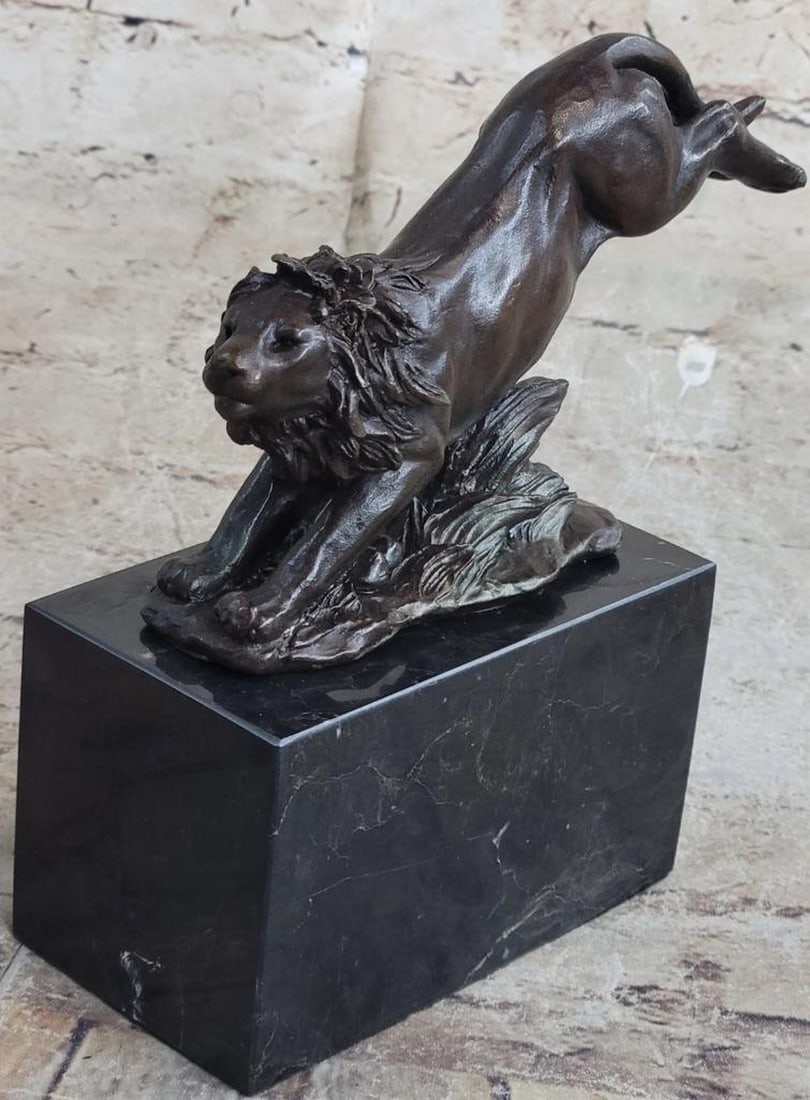 Barye Inspired Jumping Lion Bronze Sculpture On Marbe Base - 7" x 7": Barye Inspired Jumping Lion Bronze Sculpture On Marbe Base - 7" x 7" With piercing eyes and a serious look this lion is intimidating just by glance. His mane is full and covers his neck and t