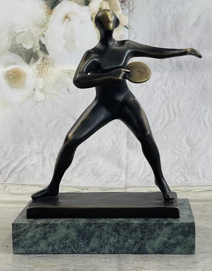 Bronze Ping Pong Sport Award Trophy Sculpture: Bronze Ping Pong Sport Award Trophy Sculpture This beautiful Ping Pong Player is a Genuine Bronze Sculpture that is 9.5 inches tall, mounted on a Green base with bronze Dark brown patina and is signe