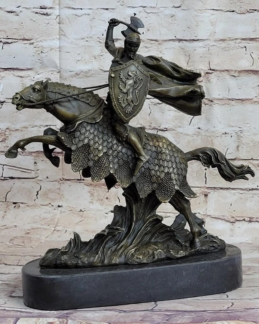 European Knight Battling on Horseback Bronze Sculpture: European Knight Battling on Horseback Bronze Sculpture This bronze representation shows the early days when Vikings revealed their strength and power.It shows the Viking in a primitive purity on top