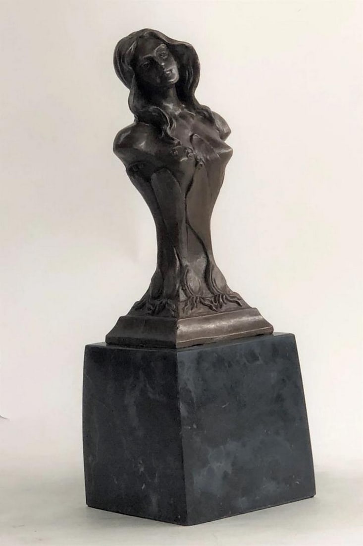 Floreal April Inspired by Hans Muller Vienna Austria Female Bronze Sculpture - 9lbs: This Piece Is The Amazing. It Is A Bust Statue Of An Elegant Girl In A Flower Dress . She Is No Doubt A Woman Of High Standing Going Out For A Royal Day In Town. She Wears An Intricately Designed