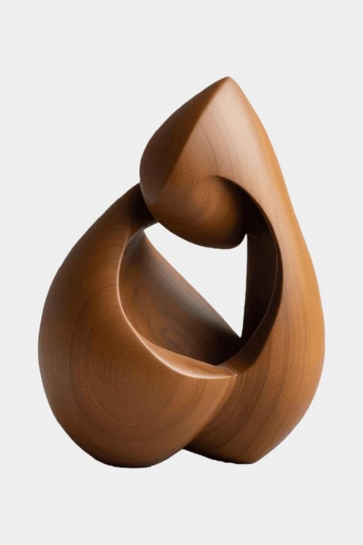 Teardrop Hollow Abstract Wooden Sculpture: Teardrop Hollow Abstract Wooden Sculpture A fluid, minimalist sculpture carved from solid wood, featuring a teardrop shape with a hollow center and pointed crest. Its smooth curves and visible grain h