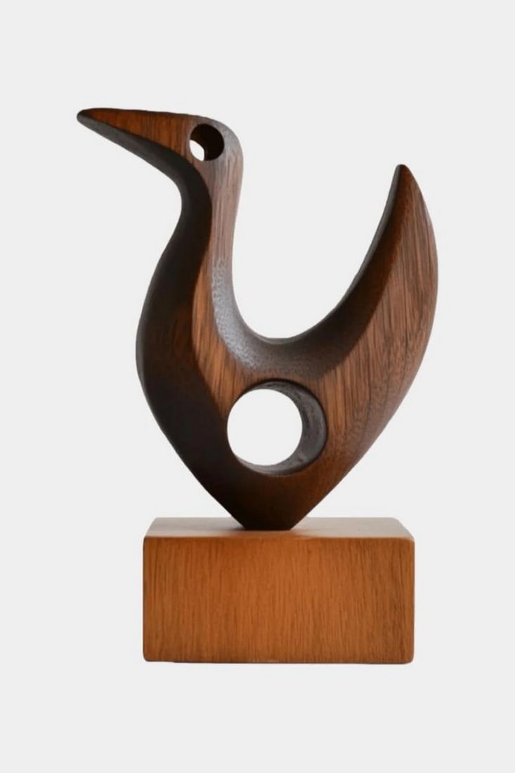 Wing Echo – Abstract Wooden Bird Sculpture: Wing Echo – Abstract Wooden Bird Sculpture A graceful wooden sculpture that captures the essence of flight through minimalist curves and open form. With its stylized silhouette and two circular cuto