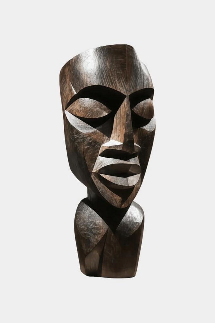 Geometric Carved Head Sculpture: Geometric Carved Head Sculpture A contemporary wooden sculpture featuring a stylized human head with bold geometric contours and expressive carved details. The angular planes, smooth finish, and visib