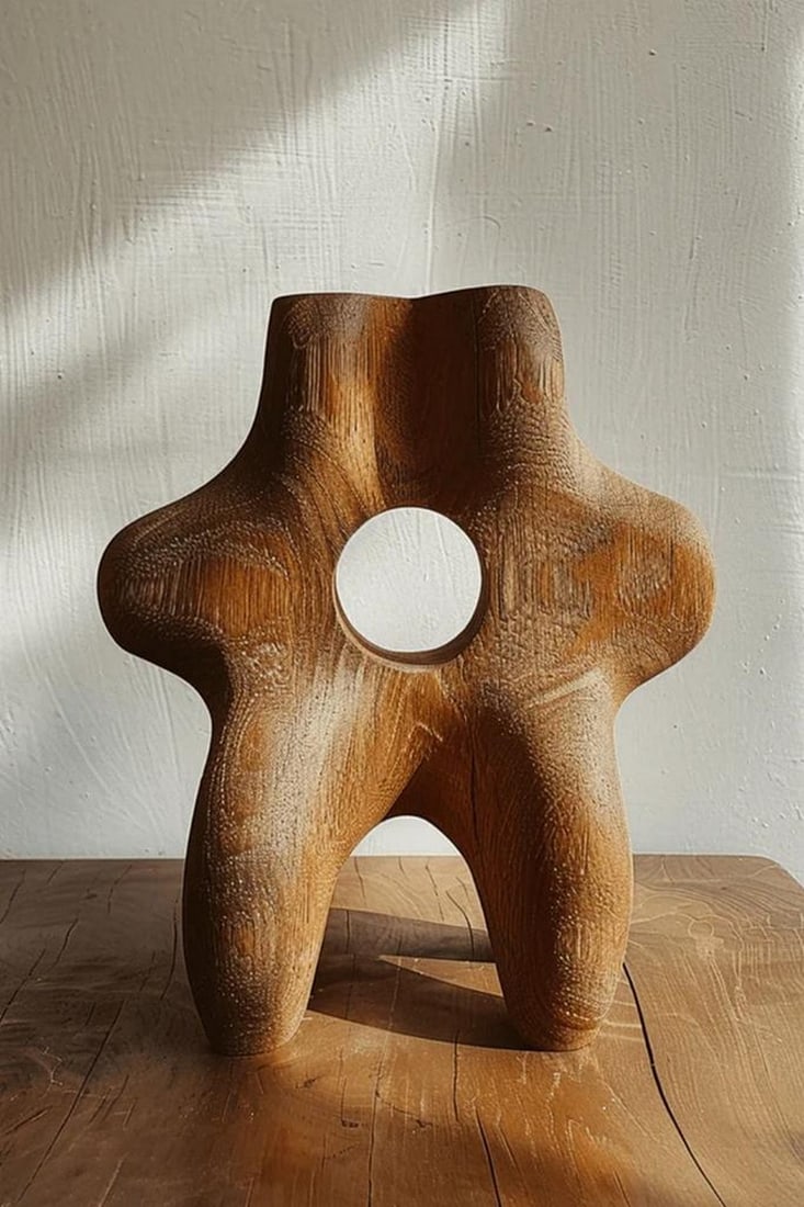 Void Centered Wooden Sculpture: Void Centered Wooden Sculpture This captivating wooden sculpture features five rounded arms extending from a central circular void, forming a striking star-like silhouette. Rich wood grain and organic
