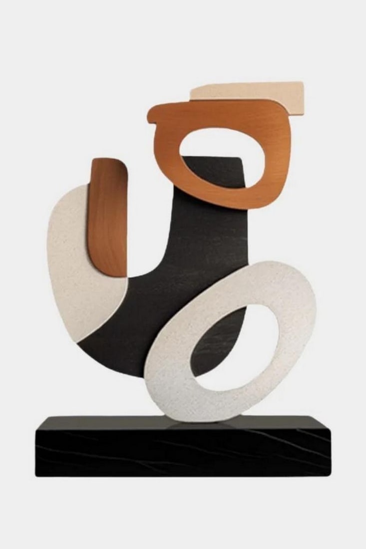 "Interwoven Forms" Wooden Abstract Sculpture: "Interwoven Forms" Wooden Abstract Sculpture A striking play of contrast and curvature, Interwoven Forms is a modern abstract sculpture carved from richly stained wood. The piece features a fl