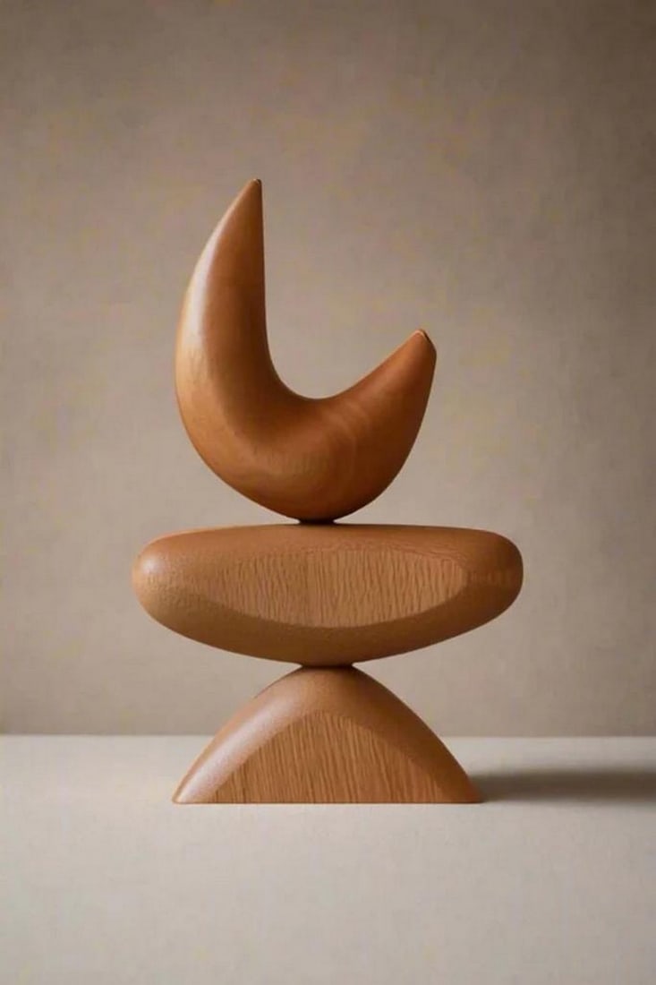 Balancing Forms – Hand-Carved Wooden Sculpture: Balancing Forms – Hand-Carved Wooden Sculpture This minimalist hand-carved wooden sculpture features a harmonious composition of abstract shapes stacked in perfect balance. Crafted from polished