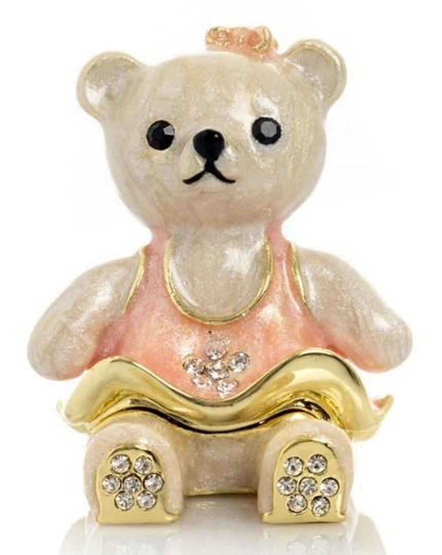 Blush Bear Trinket Box: Blush Bear Trinket Box This adorable teddy bear trinket box wears a charming pink dress, capturing innocence and sweetness in every detail. The hinged design opens to reveal a small compartment