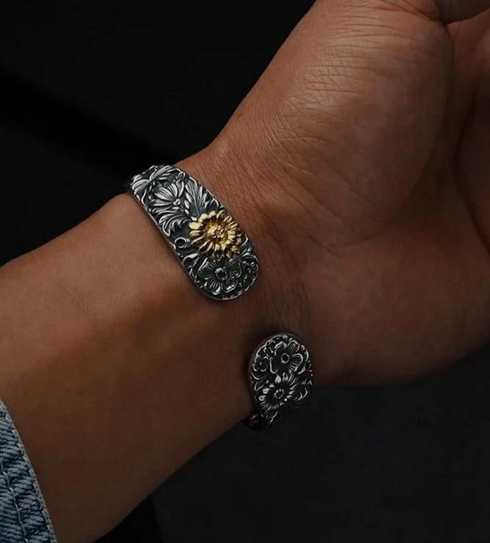 Mongolian Silver Spoon Flower Bangle - 2