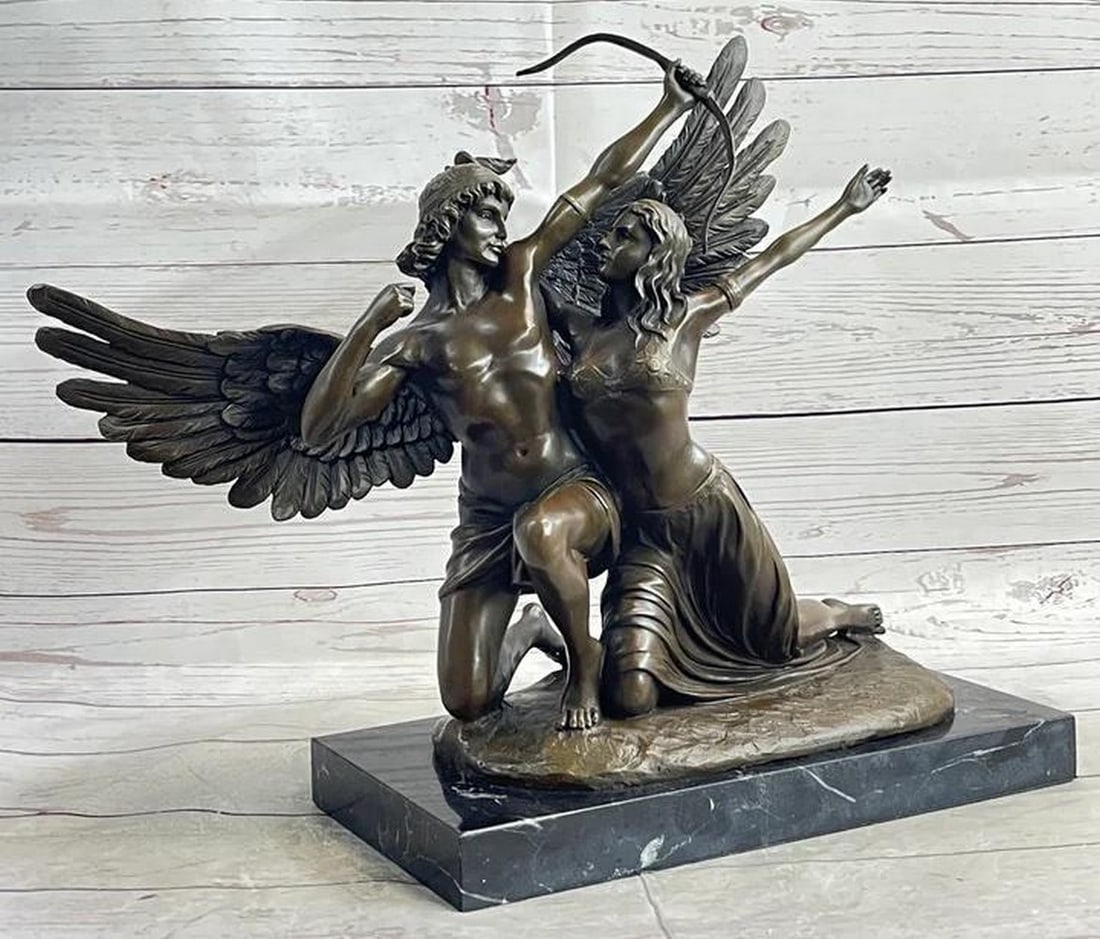 Love Unveiled Bronze Art Sculpture of Zephyrus and Psyche Embraced on Marble Base - 14" x 15": Love Unveiled Bronze Art Sculpture of Zephyrus and Psyche Embraced on Marble Base - 14" x 15" This awe-inspiring bronze sculpture immortalizes a mesmerizing moment shared between an Angel of L
