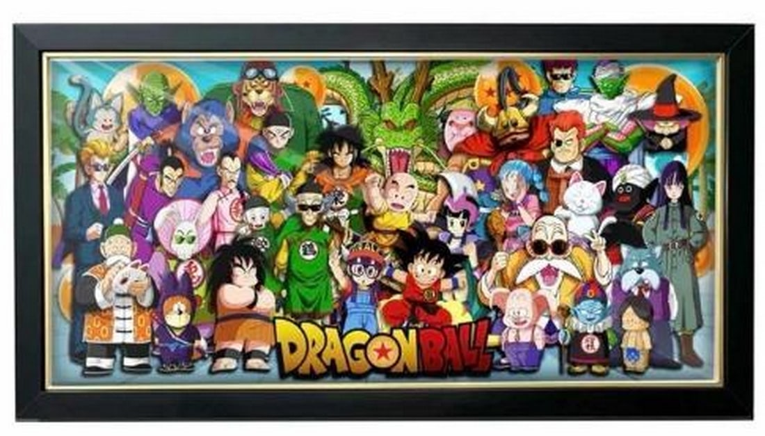 3D Paper Art Featuring Dragon Ball Characters in Black & Gold Frame: 3D Paper Art Featuring Dragon Ball Characters in Black & Gold Frame Explosive energy and legendary heroes come to life in this dynamic 3D paper art featuring iconic characters from Dragon Ball. L