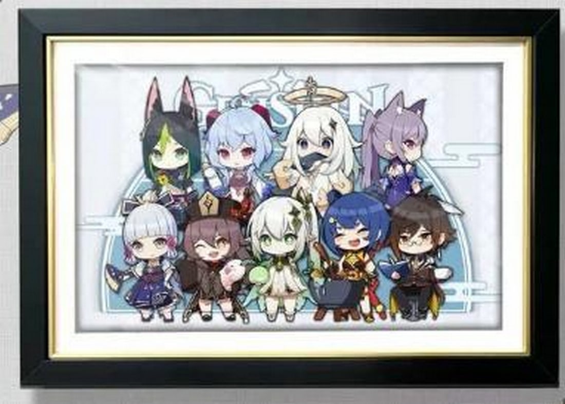 3D Paper Art Featuring Genshin Impact Characters in Black & Gold Frame: 3D Paper Art Featuring Genshin Impact Characters in Black & Gold Frame Bring the vibrant world of Genshin Impact to life with this meticulously crafted 3D paper art, featuring fan-favorite charac