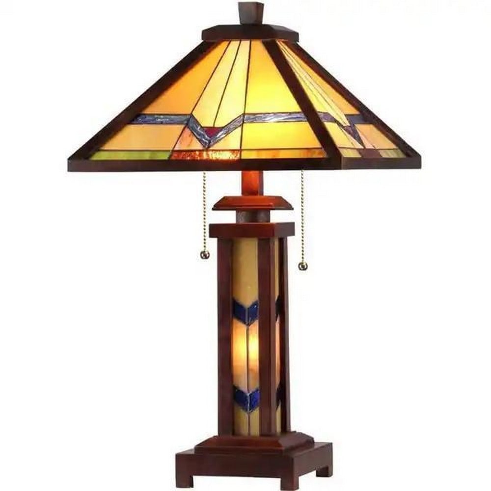 Tiffany-Inspired Two-Tier Geometric Table Lamp: Tiffany-Inspired Two-Tier Geometric Table Lamp Handcrafted with over 60 hand-cut pieces of stained art glass, this Tiffany-style table lamp features a double-lit design with light in both the