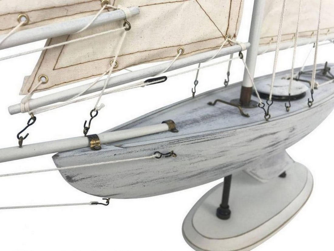 Wooden Rustic Whitewashed Bermuda Sloop Model Sailboat 30" - 2