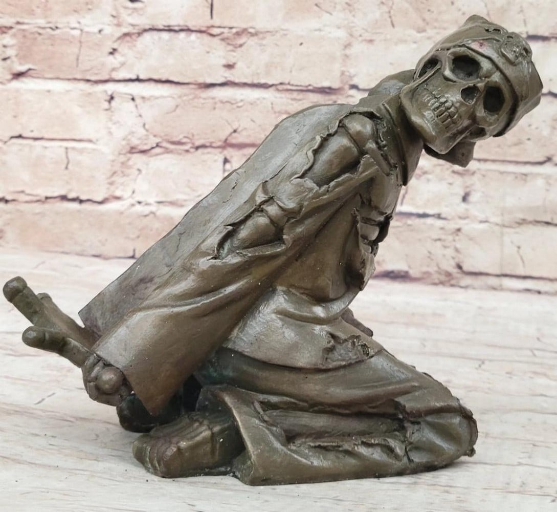 Skeleton Bottle Holder Bronze Sculpture - 7" x 9": Skeleton Bottle Holder Bronze Sculpture - 7" x 9" This bronze sculpture depicts a human skeleton designed to hold a bottle, with the figure positioned in a reclined pose to support the object