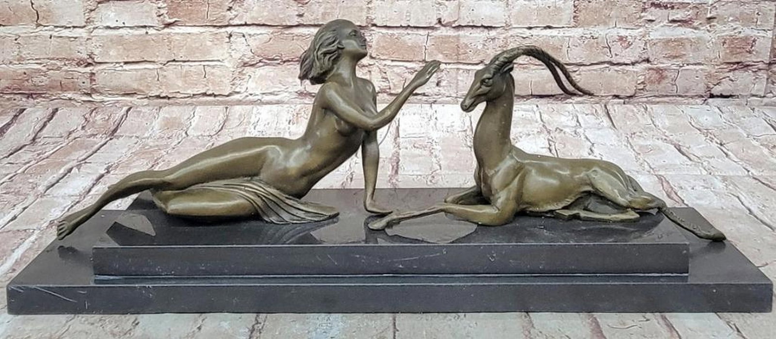 Art Deco Bronze Sculpture: Nude Diana with Goat - 7" x 19": Art Deco Original Bronze Sculpture: Nude Diana with Goat - 7" x 19" This exquisite bronze sculpture depicts a naked woman gently petting a goat, capturing a serene connection between human an