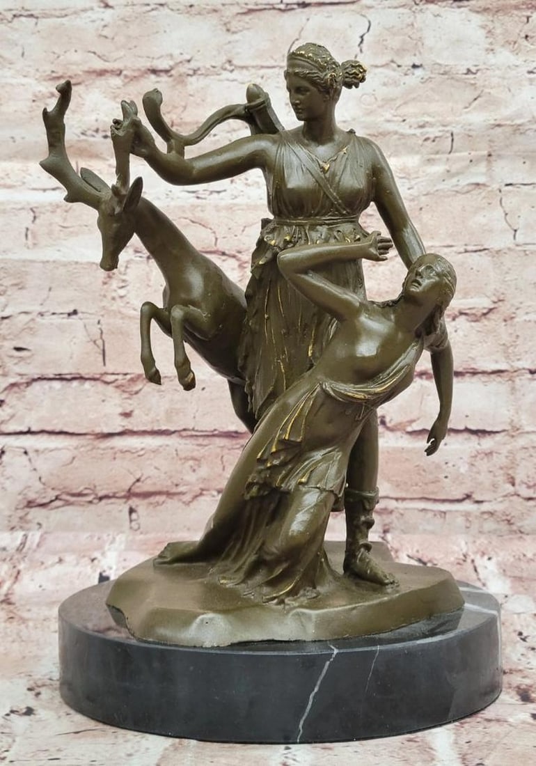 Bronze Diana Huntress and Deer Sculpture – Classical Mythology Decor – 11.5" x 8": Bronze Diana Huntress and Deer Sculpture – Classical Mythology Decor – 11.5" x 8" Immerse yourself in ancient myth with this stunning bronze sculpture of Diana, the revered Greek goddess o