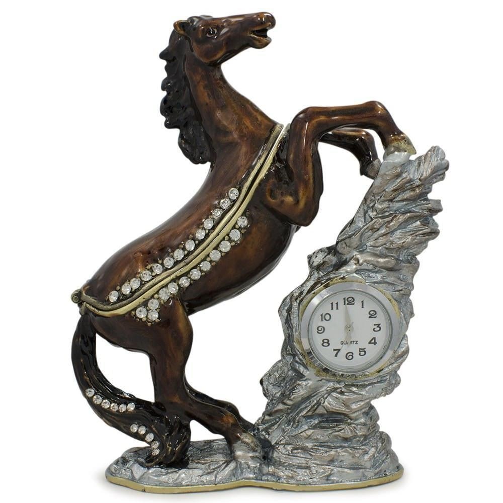 Jeweled Noble Horse with Clock Trinket Box Figurine 4.5 Inches: 4.5 Inches Jeweled Noble Horse with Clock Trinket Box Figurine 4.5 Inches Tall Pewter, Crystals, Enamel Battery Operated Clock Gift Boxed Please View Photos For Further Details.