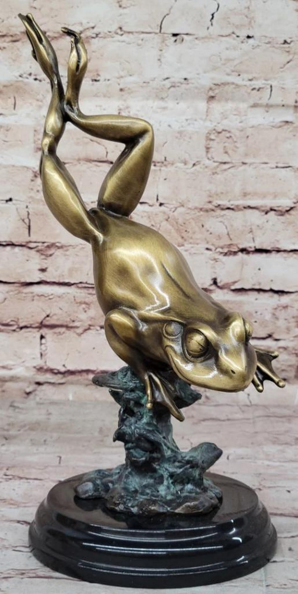 Original Golden Patina Leaping Frog Bronze Sculpture On Marble Base - 13" x 11": Original Golden Patina Leaping Frog Bronze Sculpture On Marble Base - 13" x 11" This collector's edition bronze frog figurine statue sculpture, created by the renowned artist Milo, is a m