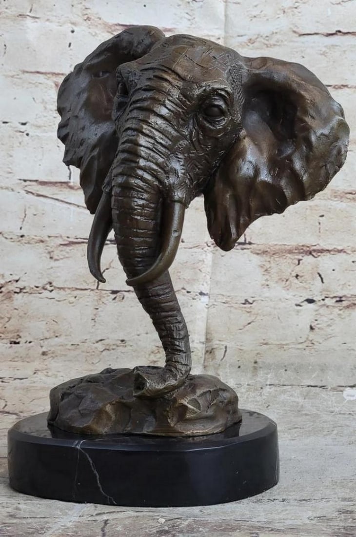 Majestic Elephant Head Original Signed Bronze Sculpture by Milo on Marble Base - 10.5" x 7": Majestic Elephant Head Original Signed Bronze Sculpture by Milo on Marble Base - 10.5" x 7" Introducing "Majestic Elephant Head: Original Signed Bronze Sculpture by Milo," this