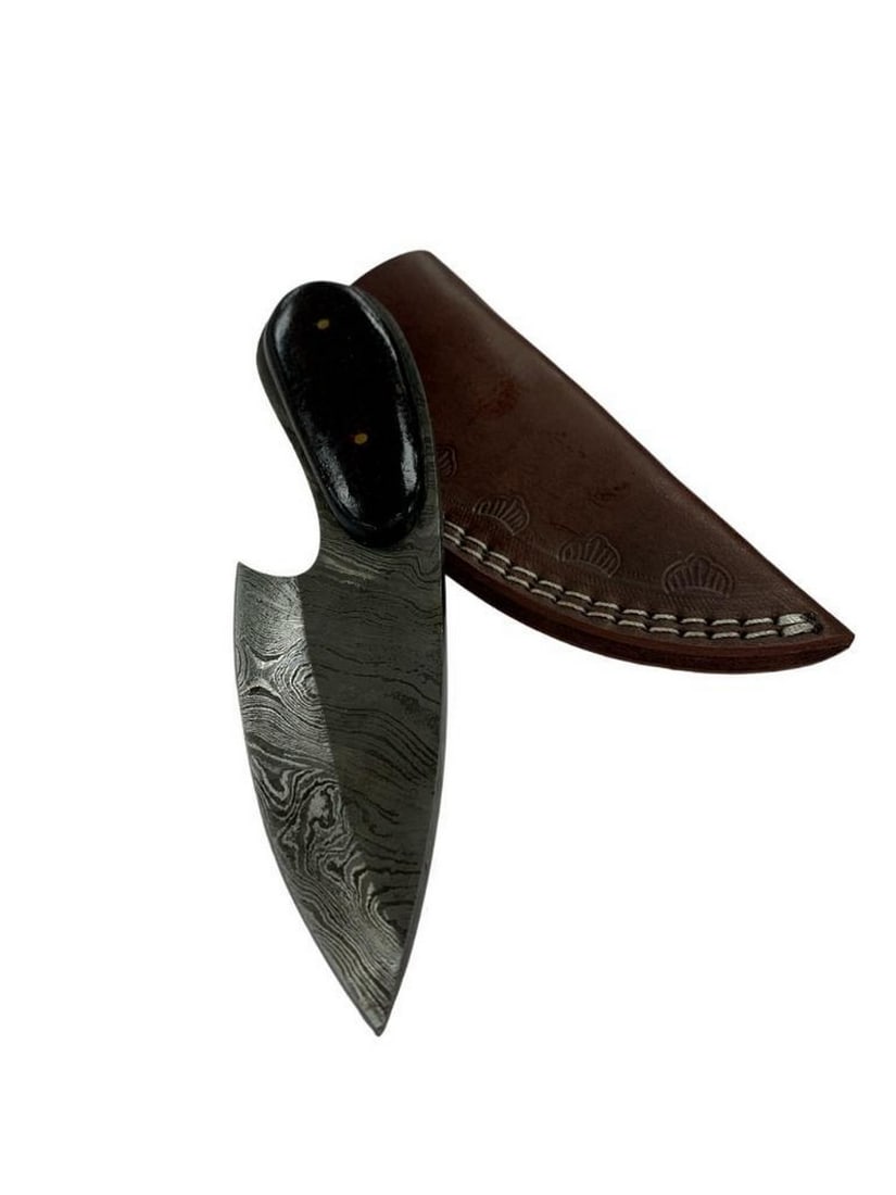 Custom Handmade Damascus Steel Skinning Knife With Riveted Black Wooden Handle: Custom Handmade Damascus Steel Skinning Knife With Riveted Black Wooden Handle Custom Made Damascus Knife With Genuine Leather Sheath To Keep Te Bade Safe & Make Carrying & Storing Easy. Each