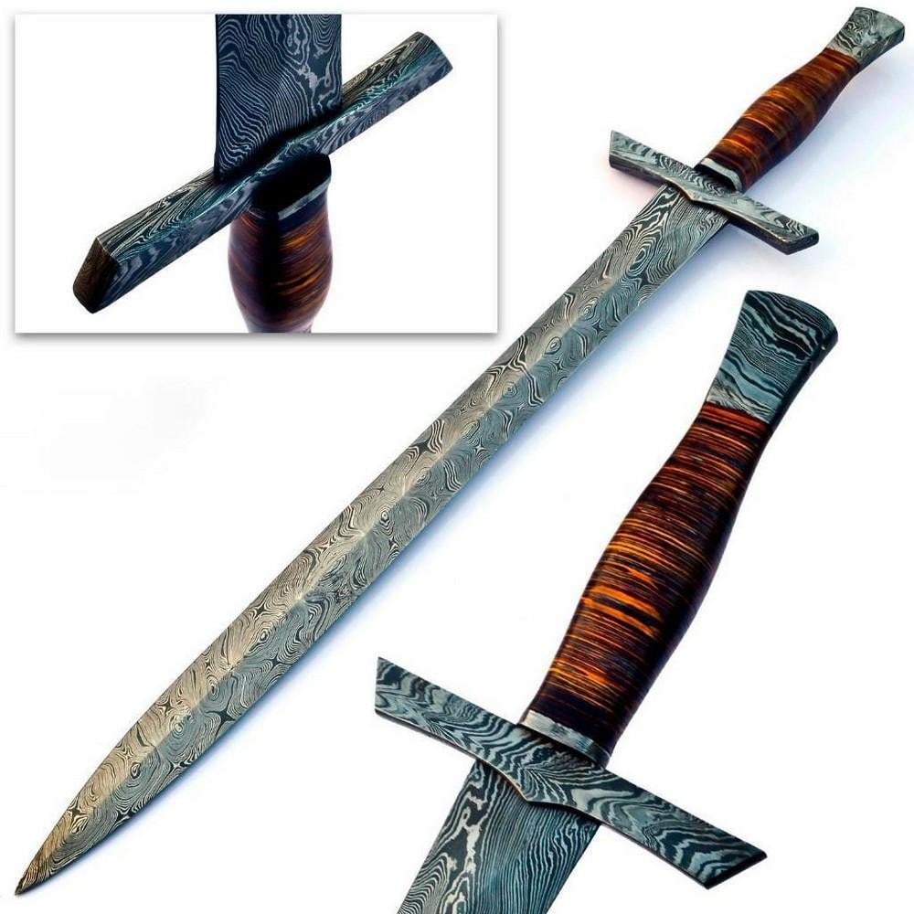Stunning MEDIEVAL ARMING Damascus Sword: For Auction Is A Stunning Handmade Damascus Steel Medieval Arming Sword With A Stunning Rose Wood Handle. Each blade is created Using 256 Layers Of 1095 and 15N20 High Carbon Steels?????? To Produce
