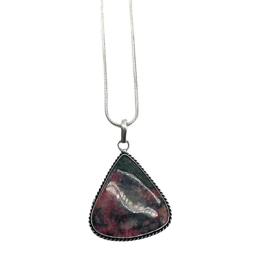 Red Rhodolite Gemstone Necklace Pendant: Red Rhodolite Gemstone Necklace Pendant Rhodolite encourages love, kindness, and compassion, and promotes self-worth and spiritual growth. This necklace pendant is 925 Silver plated and 2" in
