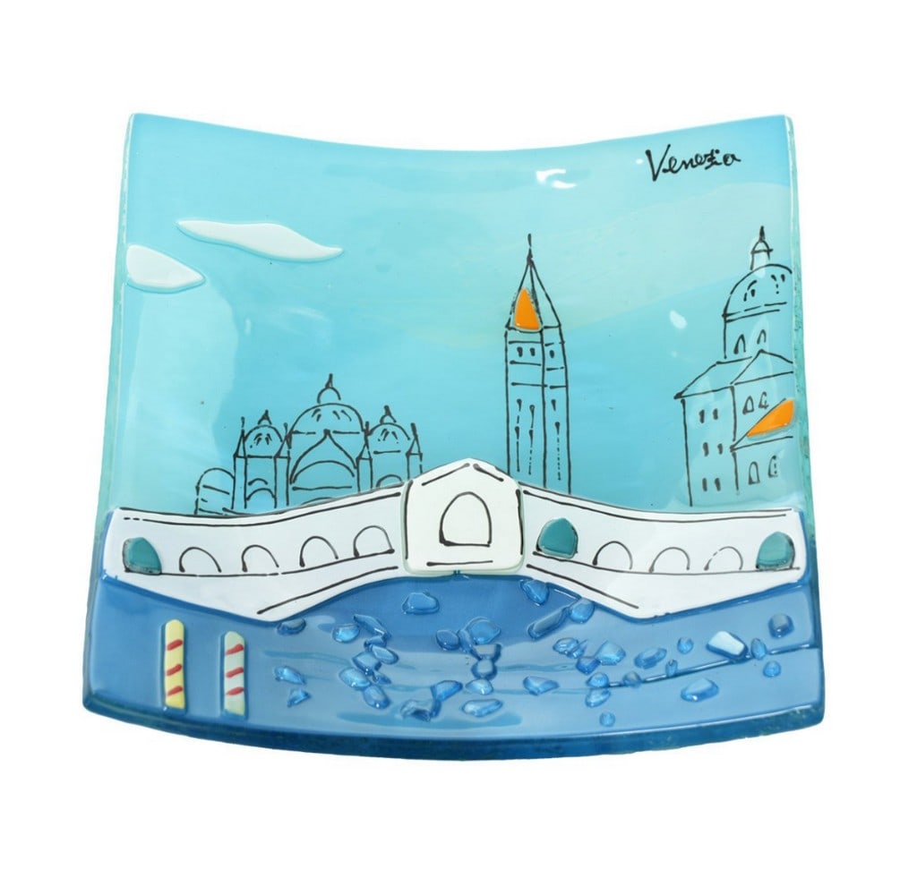 Rialto Bridge Venice Tribute Murano Glass Plate: Rialto Bridge Venice Tribute Murano Glass Plate Introducing the Rialto Bridge Venice Tribute Murano Glass Plate, crafted using the glass fusion technique and finished with hand-painted details. This d