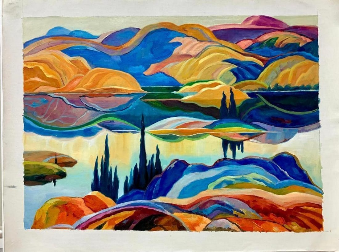 Original 28" X 20" Acrylic Of Mirror Lake Inspired By Franklin Carmichael (1890-1945): Original 28" X 20" Acrylic Of Mirror Lake Inspired By Franklin Carmichael (1890-1945) In "Mirror Lake," Carmichael skillfully depicts a tranquil scene set amidst the rugged yet breat