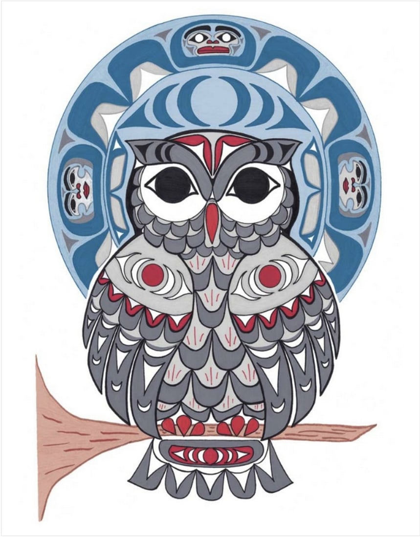 12" x 14?? Owl Framed Art Print by Angela Kimble: 12" x 14” Owl Framed Art Print by Angela Kimble Angela Kimble is Coast Salish/ Nuu-Cha-Nulth from Tsawout First Nations in Saanich, BC. Angela’s father is master carver Doug La Fortune an
