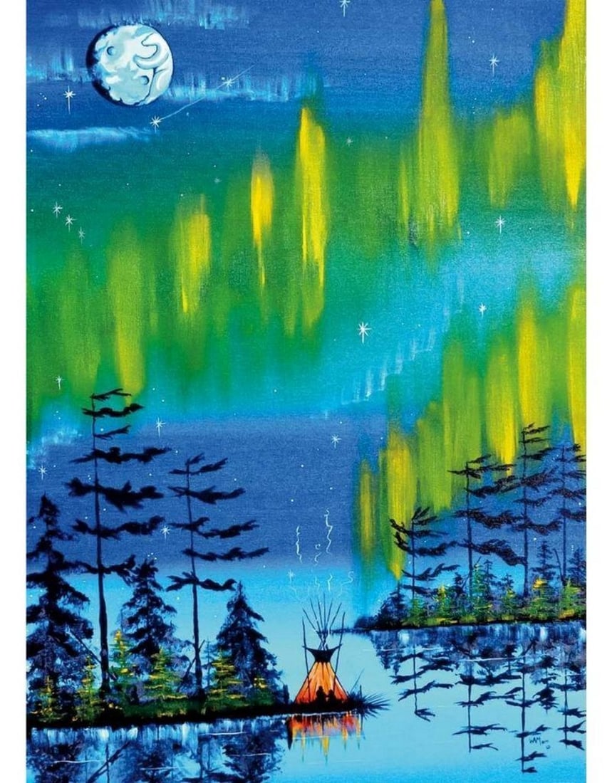 12" x 14" William Monague's "Northern Lights" Framed Art Print: 12" x 14" William Monague's "Northern Lights" Framed Art Print William Anthony Monague, a self-taught artist from the Beausoleil First Nation, grew up on a secluded island without