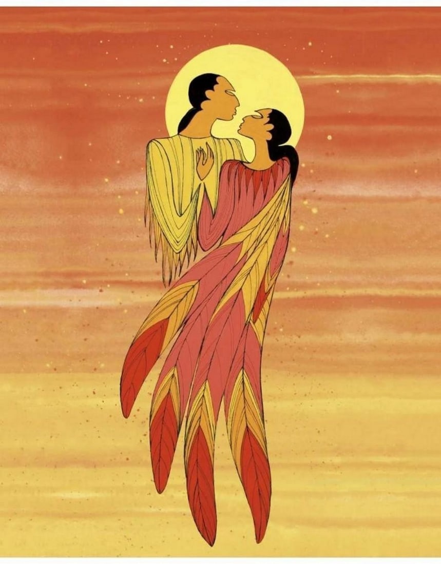 24.5" x 30" Limited Edition The Embrace by Maxine Noel Framed Print???????: 24.5" x 30" Limited Edition The Embrace by Maxine Noel Framed Print Edition Size: 495 Frame Color: Black Cultural Background: Santee Oglala Sioux, Manitoba Maxine was born in Manitoba of San