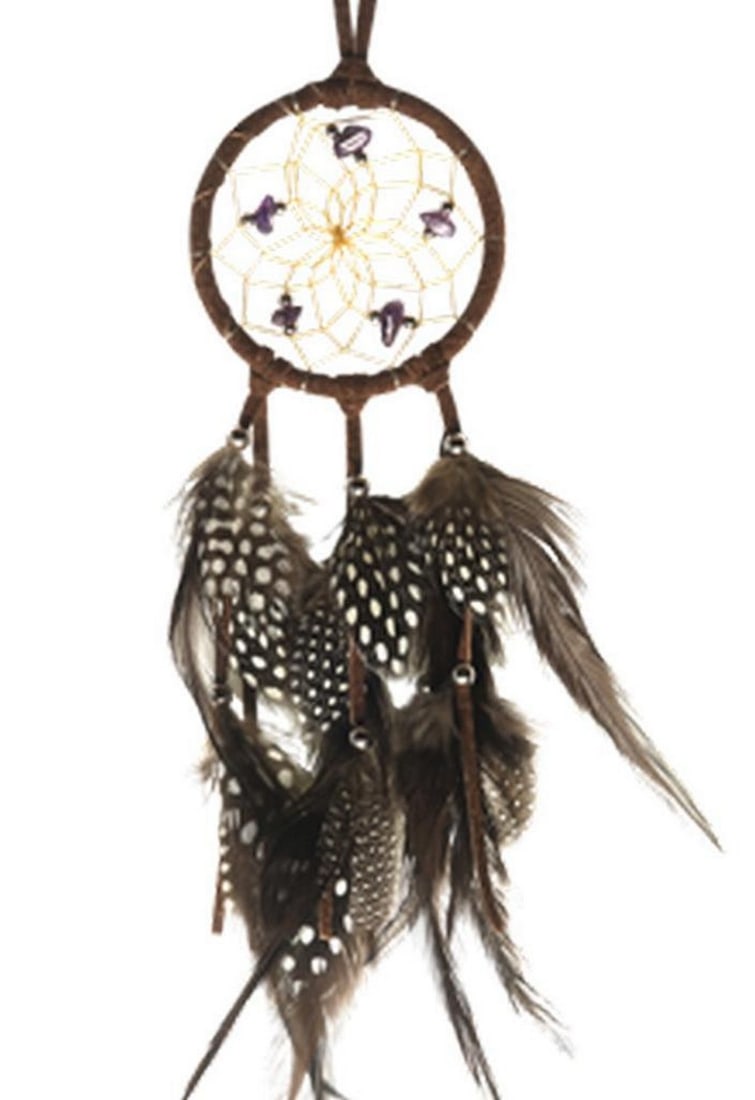 Handmade Brown & Polka Dot Dream Catcher: Handmade Brown & Polka Dot Dream Catcher This brown dream catcher, is detailed with semi-precious stones and beads. The design of the stone in the web symbolize spiritual energy, which is an unse