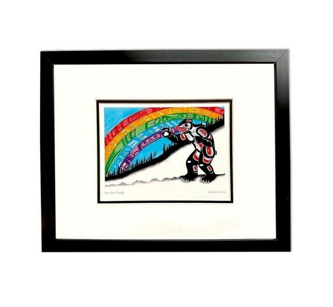 12" X 14.25" 'Rainbow Grizzly' Framed Art Print by Richard Shorty: 12" X 14.25" 'Rainbow Grizzly' Framed Art Print by Richard Shorty Experience the vibrant spirit of the wilderness with Richard Shorty's "Rainbow Grizzly" Framed Art Pictur