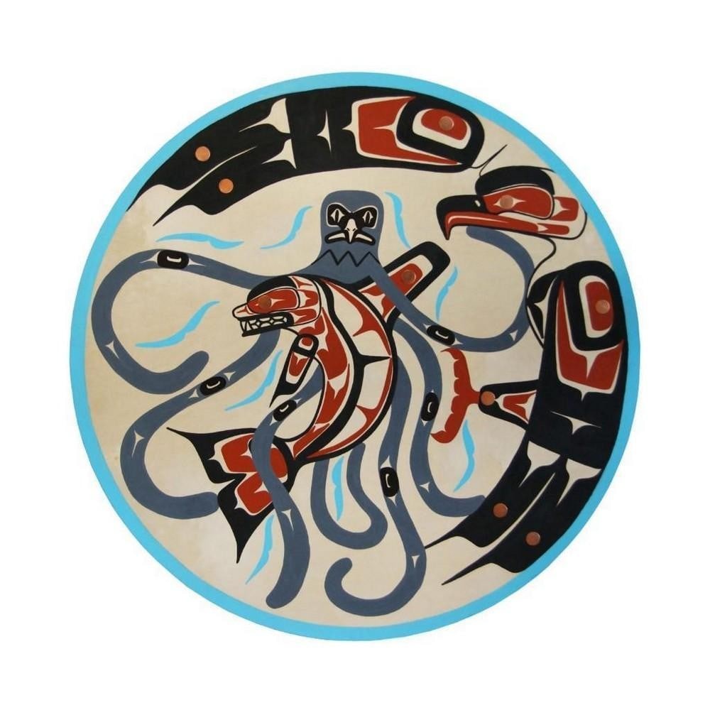 3' x 3' Original Killer Whale & Eagle Round Panel Painting by Anthony Joseph: 3' x 3' Original Killer Whale & Eagle Round Panel Painting by Anthony Joseph This original painting shows an eagle on the side overseeing an octopus wrapped around a killer whale. It is p