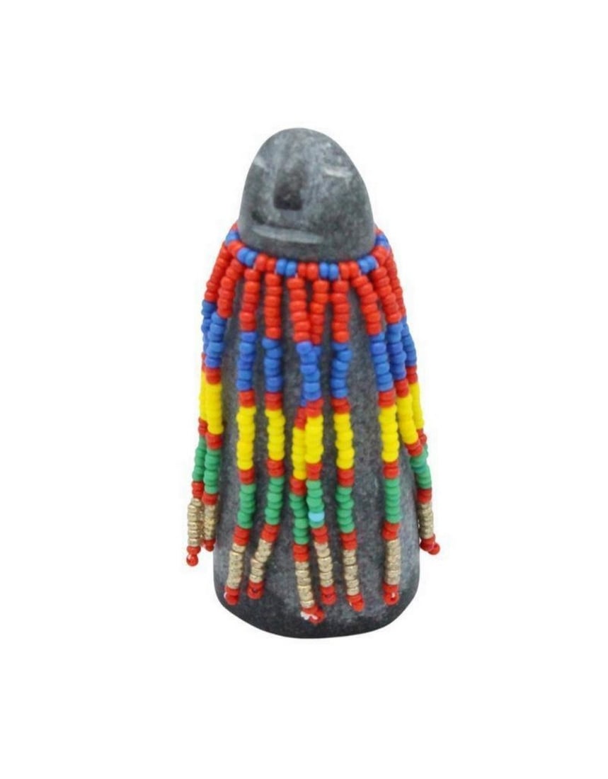 Basalt Beaded Doll Sculpture by Raymond Aliktilik: Basalt Beaded Doll Sculpture by Raymond Aliktilik Dimensions: Height 2.5" x Width 1.5" x Depth 1.5" View Photos For Further Details.
