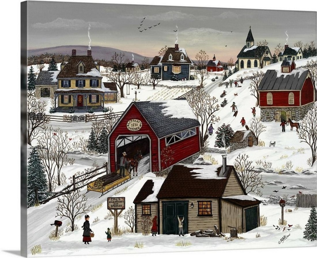Sharon Ascherl's Late Afternoon Sledding Canvas Reproduction Wall Art - 24" x 30: Sharon Ascherl's Late Afternoon Sledding Canvas Reproduction Wall Art - 24" x 30 Late Afternoon Sledding depicts a charming rural town in winter, featuring barns and a covered bridge. Each pa