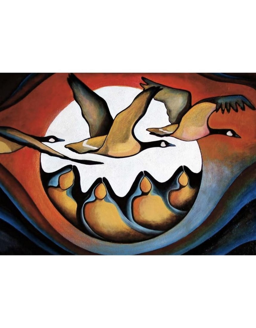 12" x 14" Geese Spirit by Nathalie Coutou Framed Print???????: 12" x 14" Geese Spirit by Nathalie Coutou Framed Print Nathalie Coutou was born on a farm in Quebec surrounded by a kennel of over 800 sled dogs. Growing up, she was encouraged to explore her