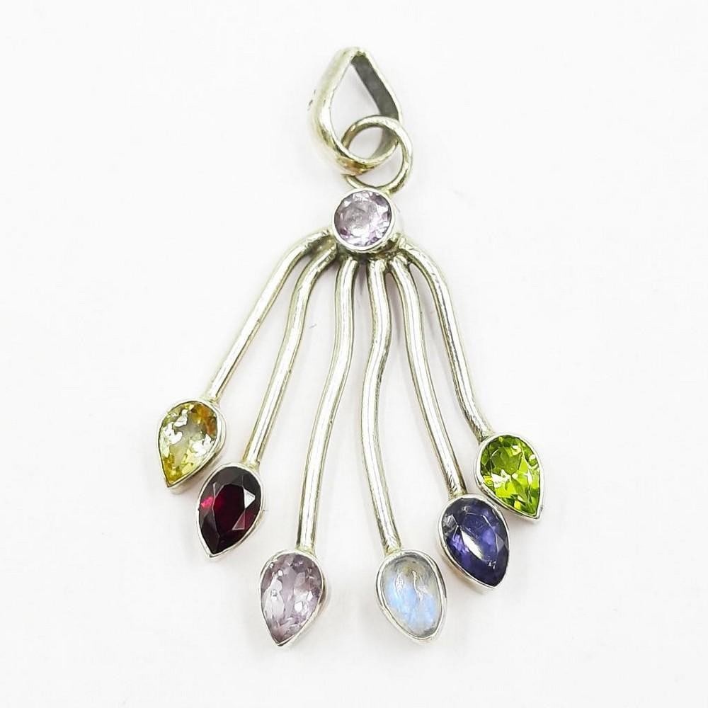 Multi Stone Necklace Pendant: Multi Stone Necklace Pendant This necklace pendant features Amethyst, Citrine, Peridot, and Iolite stones to create a stunning array of bright colours to hang from your neck! This is the perfect
