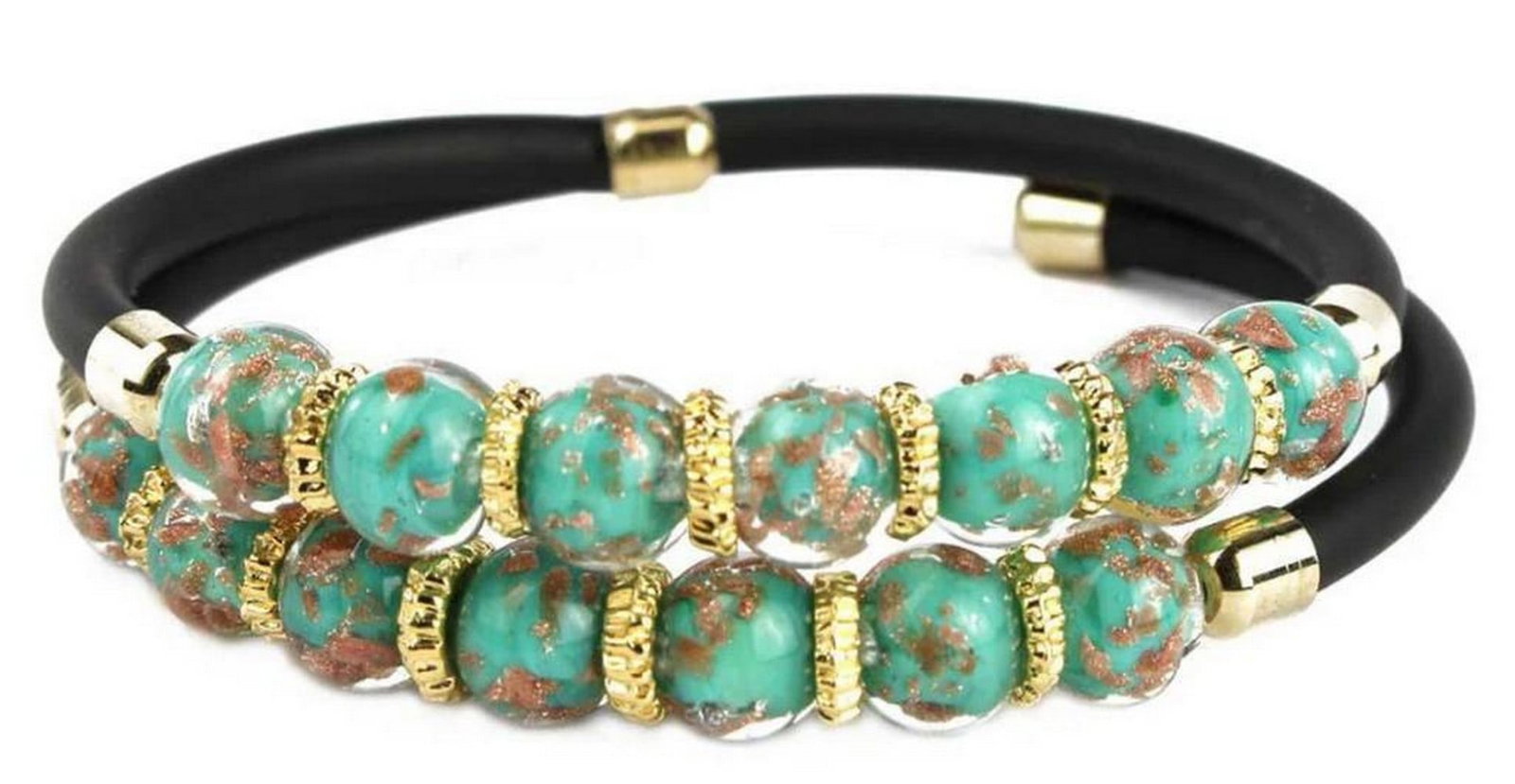 Double Lined Murano Glass Marine Green With Avventurina Glass Beaded Bracelet: Double Lined Murano Glass Marine Green With Avventurina Glass Beaded Bracelet Hand made bracelet with Murano glass, lamp working technique. This bracelet is made in lamp working technique, and