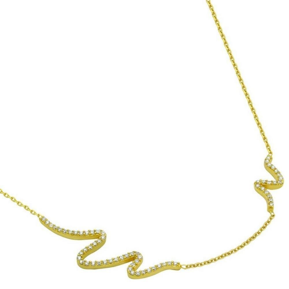 16" + 2" Gold-Plated CZ Wave Design Necklace with Adjustable Chain: 16" + 2" Gold-Plated CZ Wave Design Necklace with Adjustable Chain Indulge in ocean-inspired elegance with our .925 Sterling Silver Gold-Plated CZ Wave Design Necklace. Crafted with precis